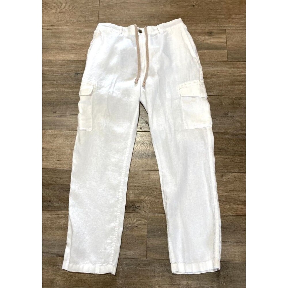 Caribbean 100% Linen Cargo Pants 34x30 Drawstring Beach Resort Solid White
